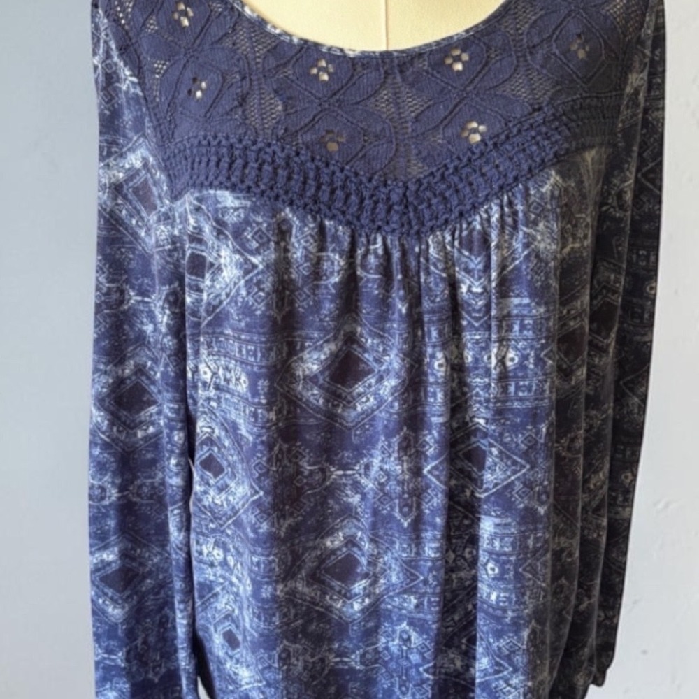 RuffHewn Womens XL Blue Geometric Crochet Lace Long Sleeve Peasant Blouse Top